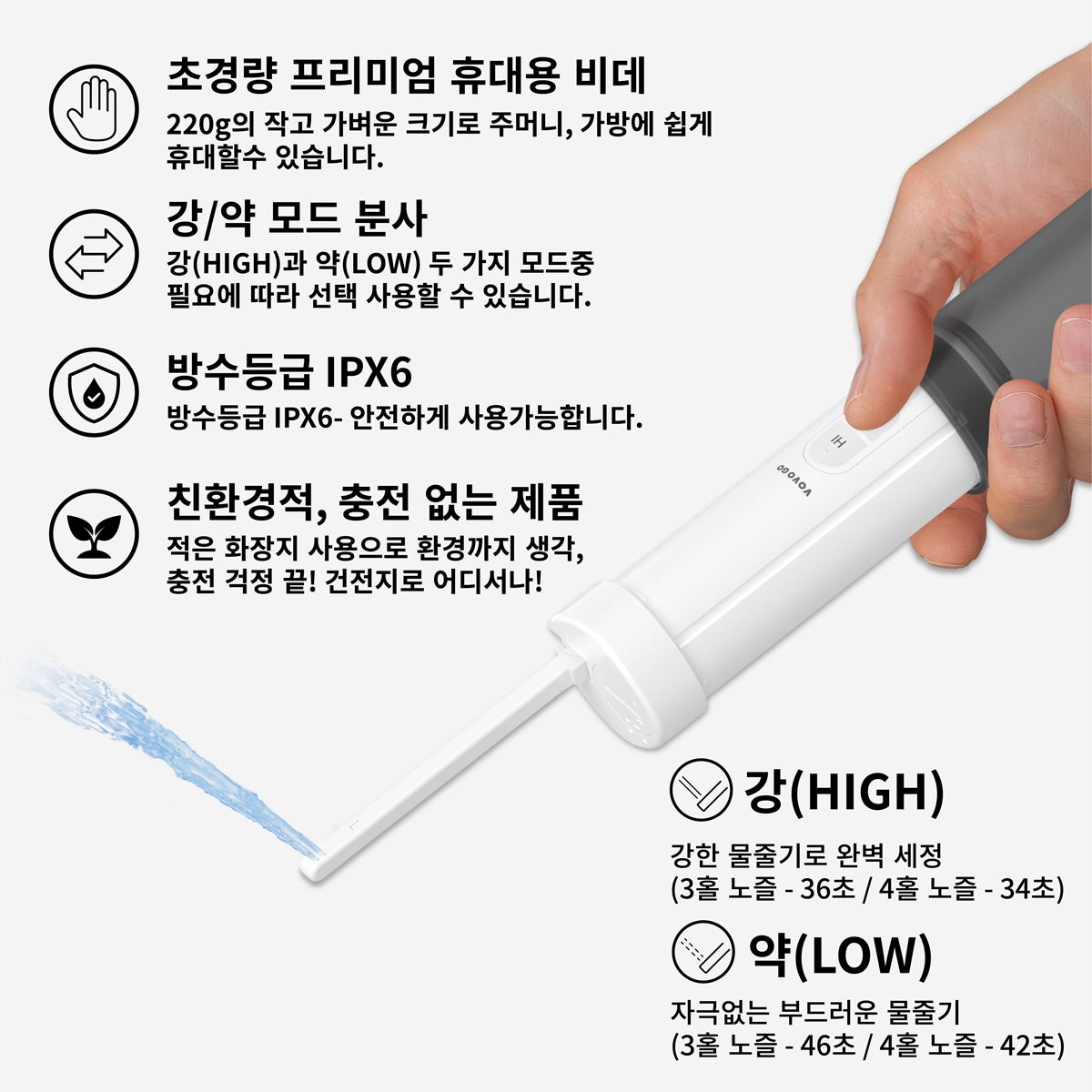 VOVO GO 펄 블랙 - 국내 생산 프리미엄 전동 휴대용비데 독일 IF 디자인 수상 원터치 세정 비데 손안에 들어오는 초경량 전동 비데 방수등급 IPX6