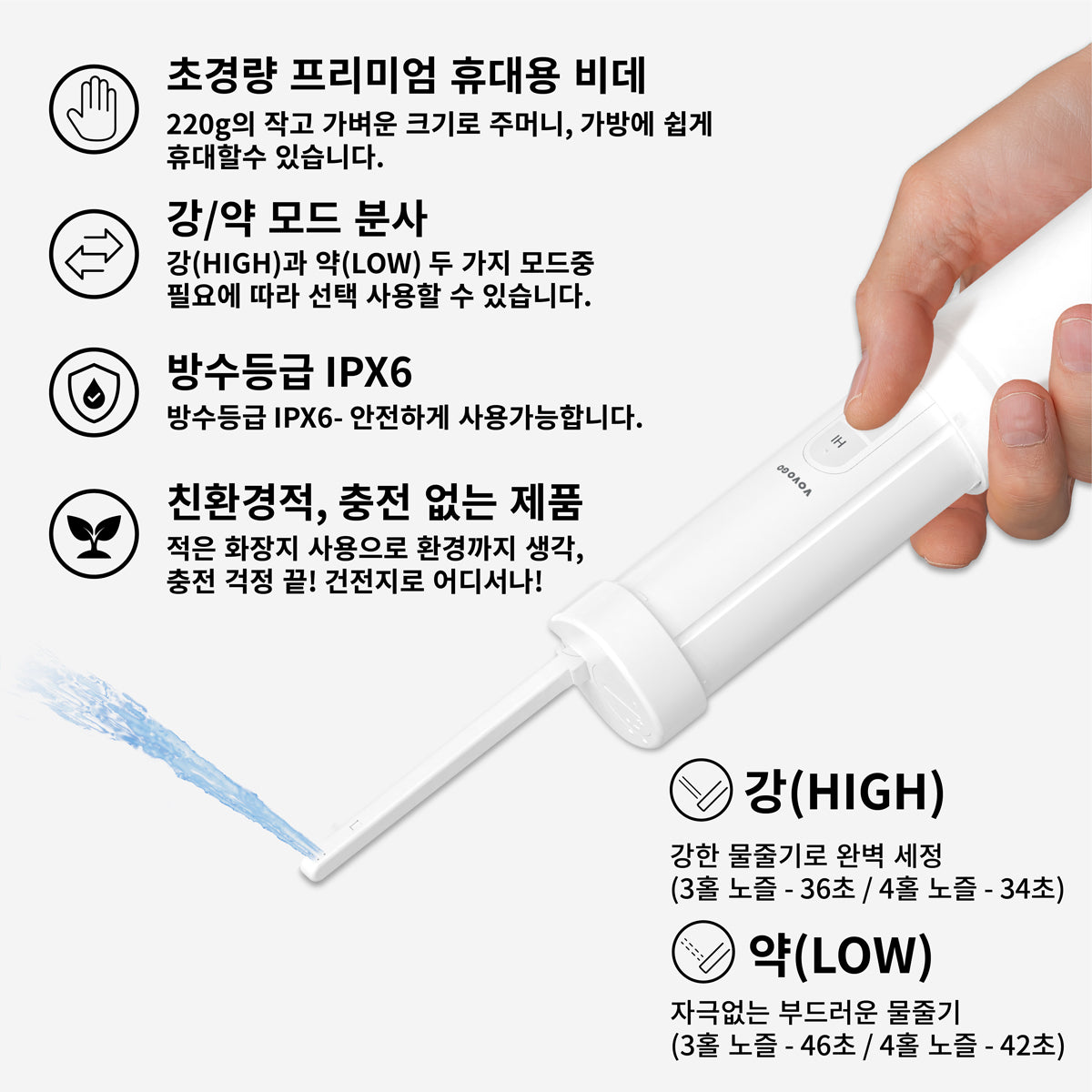 VOVO GO 스노우 화이트 - 프리미엄 전동 휴대용비데 독일 IF 디자인 수상 원터치 세정 비데 (강) 모드에서 34초 지속 가능 손안에 들어오는 초경량 전동 비데 국내 생산 방수등급 IPX6